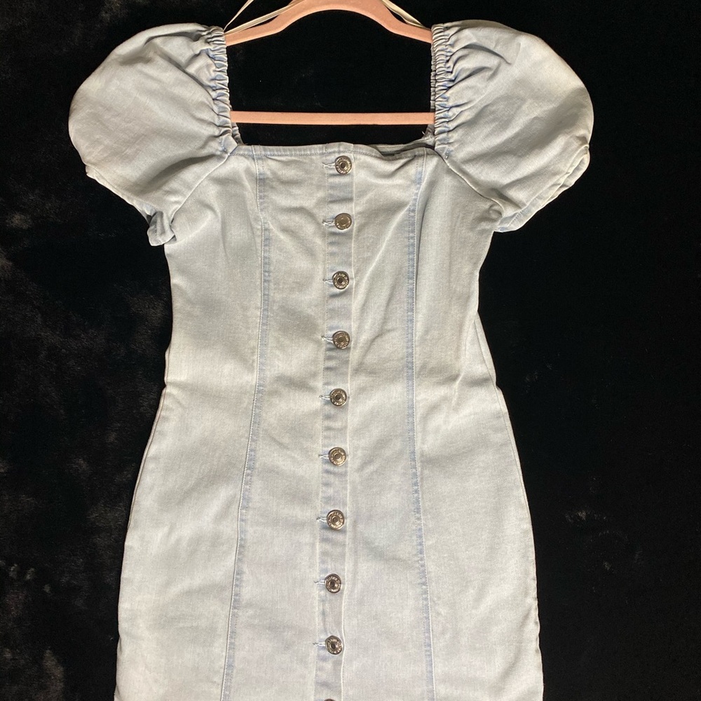 Light Wash Denim Puffed Sleeves Mini Dress